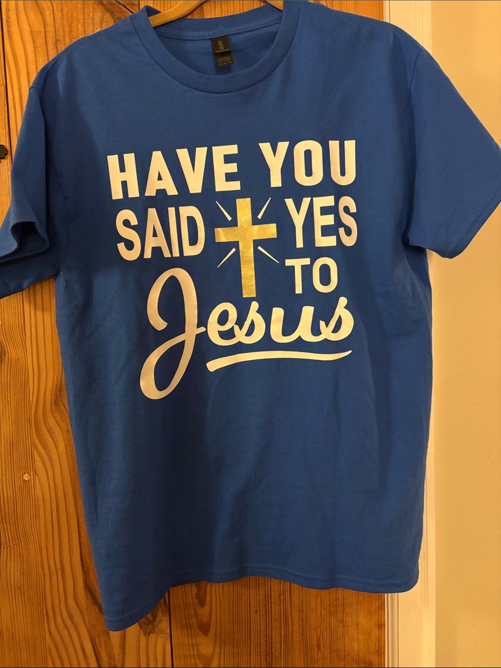 Gildan Blue Short Sleeve Tee with White and Gold Religious Print